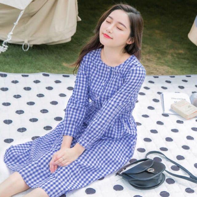 Đầm caro xanh tay dài