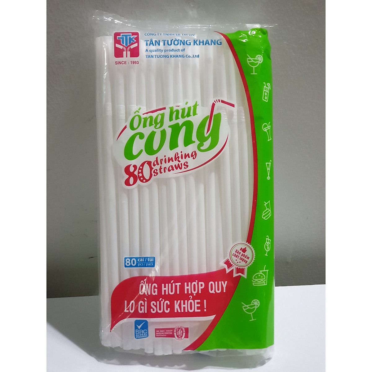 [1 túi 80 cái] Ống hút cong màu trắng phi 6