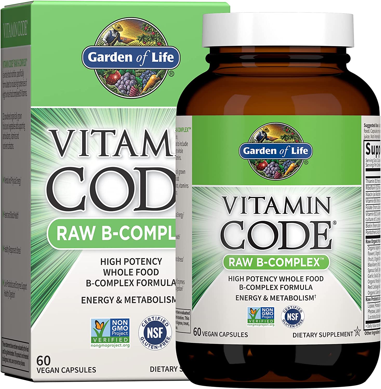 Hũ 60 viên hỗn hợp vitamin b raw complex, garden of life - vitamin code, non gmo - gluten free, vegan capsules, energy & metabolism with b2 riboflavin, b1, b3, b6, folate