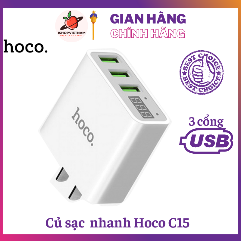 Củ sạc nhanh Hoco C15 3 USB - Màn Hình LCD - Cho iphone 5/5s/6/6plus/6s/6s plus/6/7/7plus/8/8plus/x/xs 11 pro max