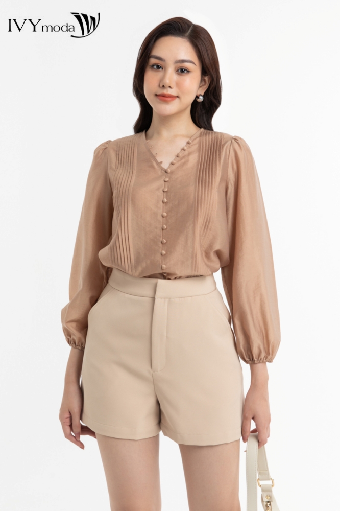 Áo sơ mi lụa phối nút IVY moda MS 17M8025