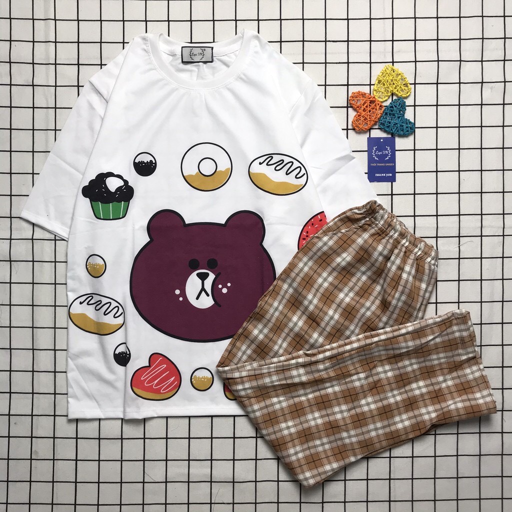 Đồ Bộ Cartoon Hoạt Hình Áo Gấu Nâu Teddy + Quần Caro Ống Rộng Siêu Hot  Đồ Bộ Hoạt Hình Đồ Bộ Coton Đồ Bộ Forn Rộng Thể Thao TTSLB0064