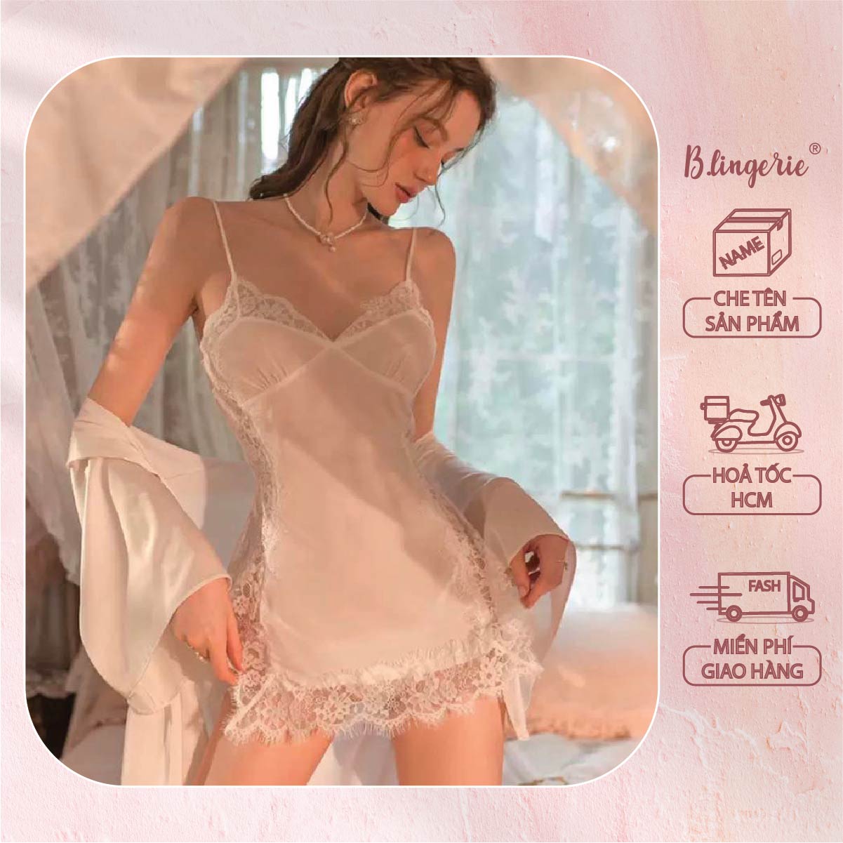 Váy Ngủ Phối Ren Xẻ Tà (Không áo choàng) - B.Lingerie