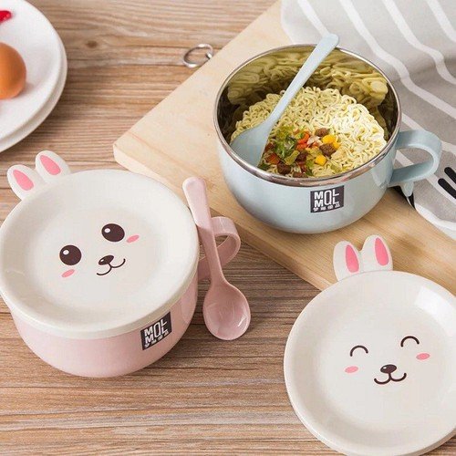 Bát inox chống nóng có nắp có thìa hình chú thỏ siêu cute