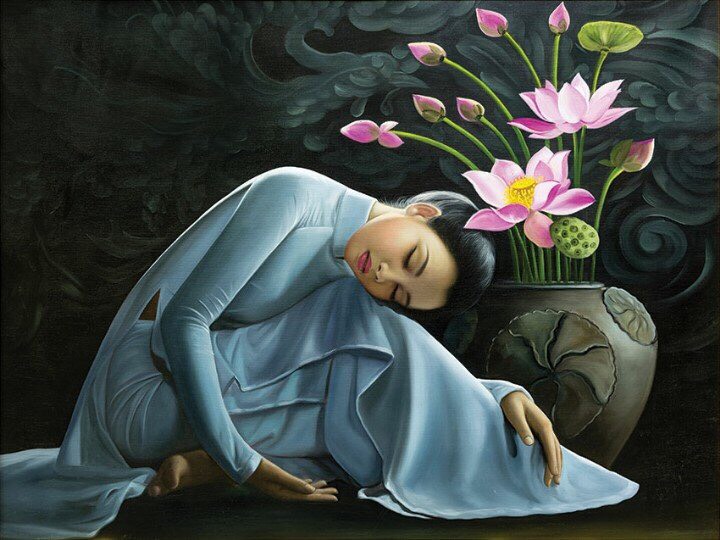 Tranh thiếu nữ nàng sen tặng kèm khung tranh