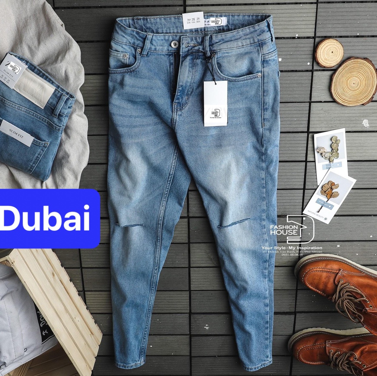 QUẦN BAGGY JEAN NAM CHẤT BÒ XANH RÁCH GỐI THOÁNG MÁT, CHẤT LƯỢNG CAO, CO GIÃN NHẸ HOT TREND DB-1953 - DUBAI FASHION