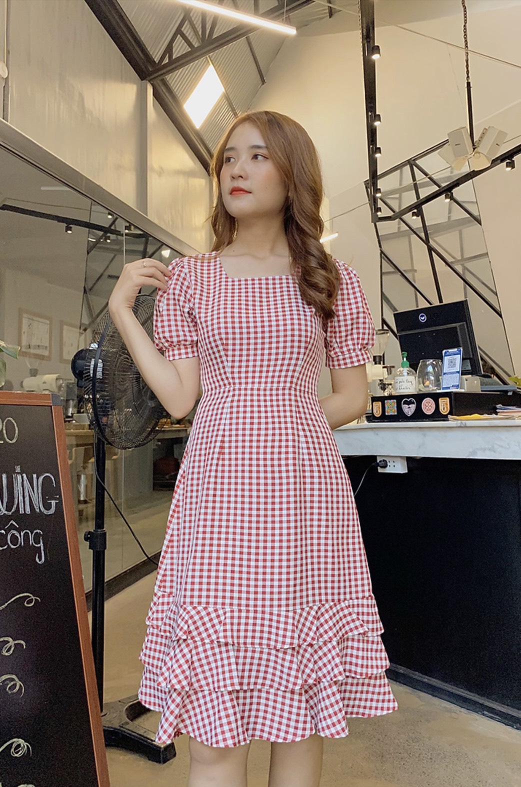[HCM]ĐẦM SUÔNG CARO PHỐI NÚT SIÊU XINH TH