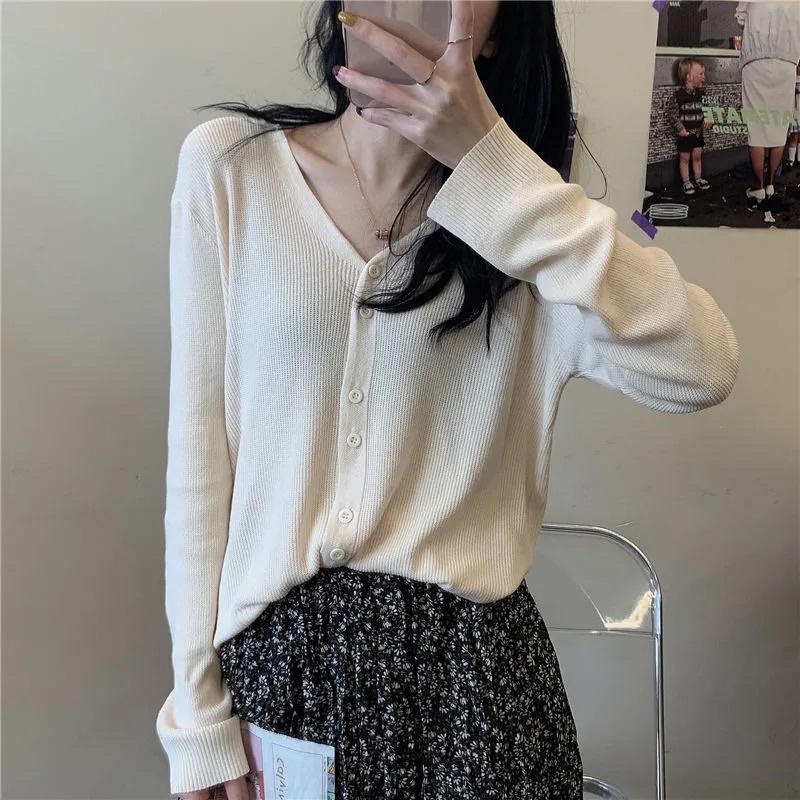 Áo Khoác Cardigan Thun Len Dệt Kim Tay Dài Dáng Rộng Cổ Chữ V Thời Trang Mùa Thu