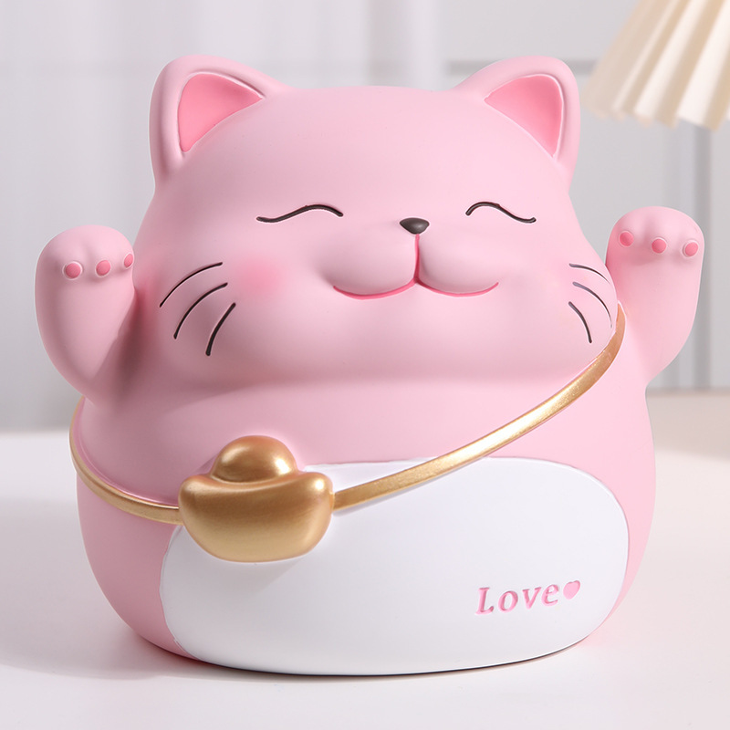 Ống tiết kiệm heo đất hoạt hình mèo đeo túi vàng quà tặng trang trí