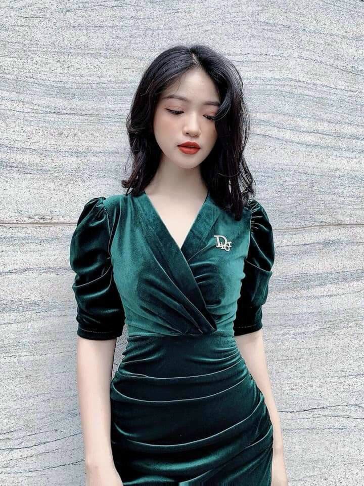 Phụ nữ ôm body nhung bút chì đầm tay dài váy lt