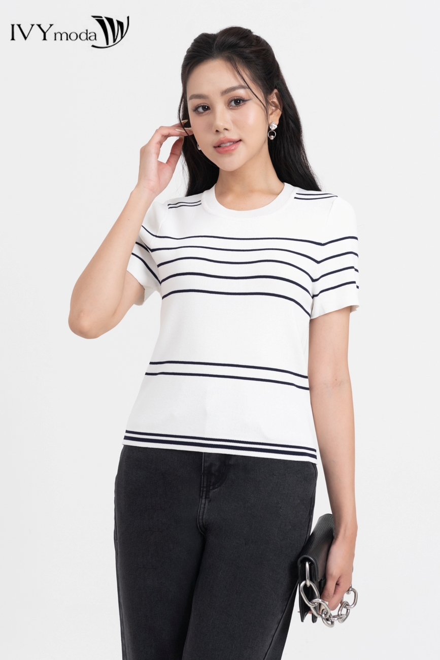 Áo len ngắn tay phối kẻ ngang ivy moda ms 57m7846
