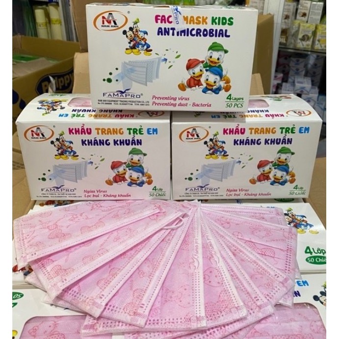 (FREESHIP ĐẾN 50k) (MÀU HỒNG) Hộp 50 khẩu trang trẻ em 4 lớp kháng khuẩn cao cấp Famapro (Cty Nam Anh) (Cho Bé từ 4 tuổi trở lên) (Made in Vietnam) NAM3