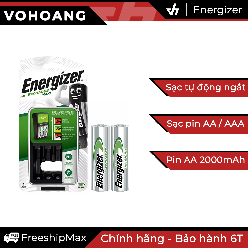 Bộ sạc pin AA/AAA Energizer recharge kèm 2 pin sạc AA, có đèn báo