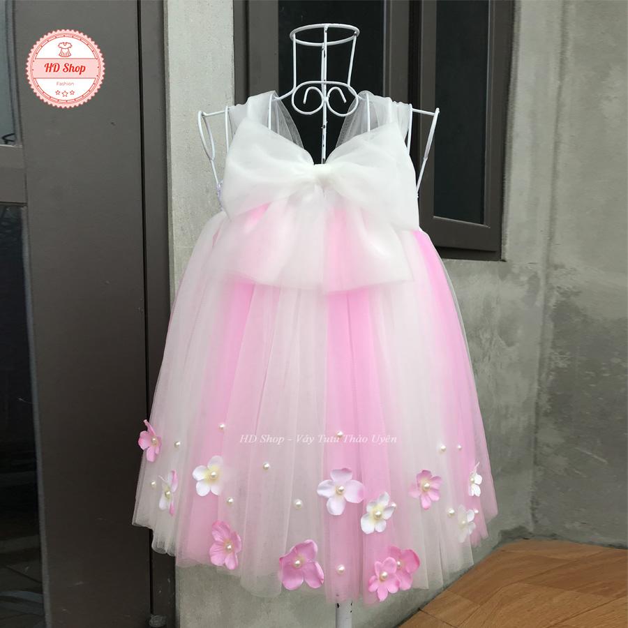 váy tutu hồng phấn phối trắng nơ trắng