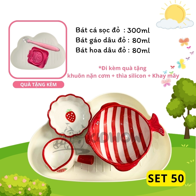 [TẶNG THÌA SILICON+ KHUÔN CƠM+ KHAY MÂY] Bộ Bát Sứ Ăn Dặm Cho Bé Siêu Đáng Yêu