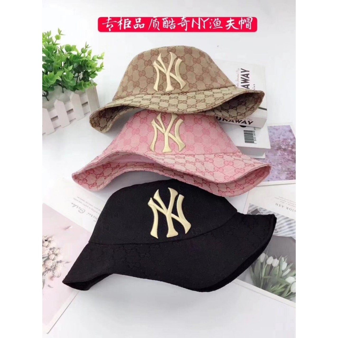 mũ bucket thêu chữ ny vàng