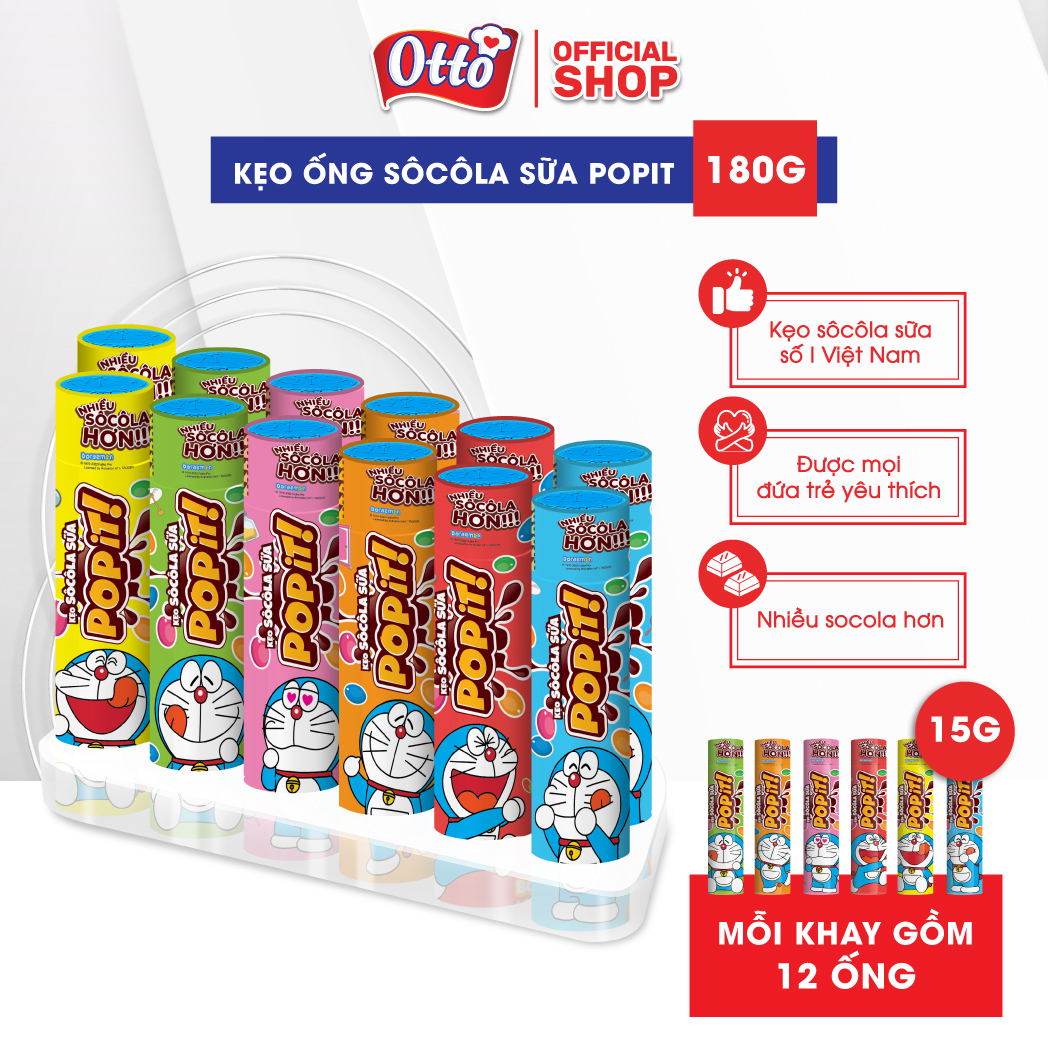 Khay (12 Ống) Kẹo socola sữa Popit Doreamon Ống 15g | Socola | Đồ ăn vặt