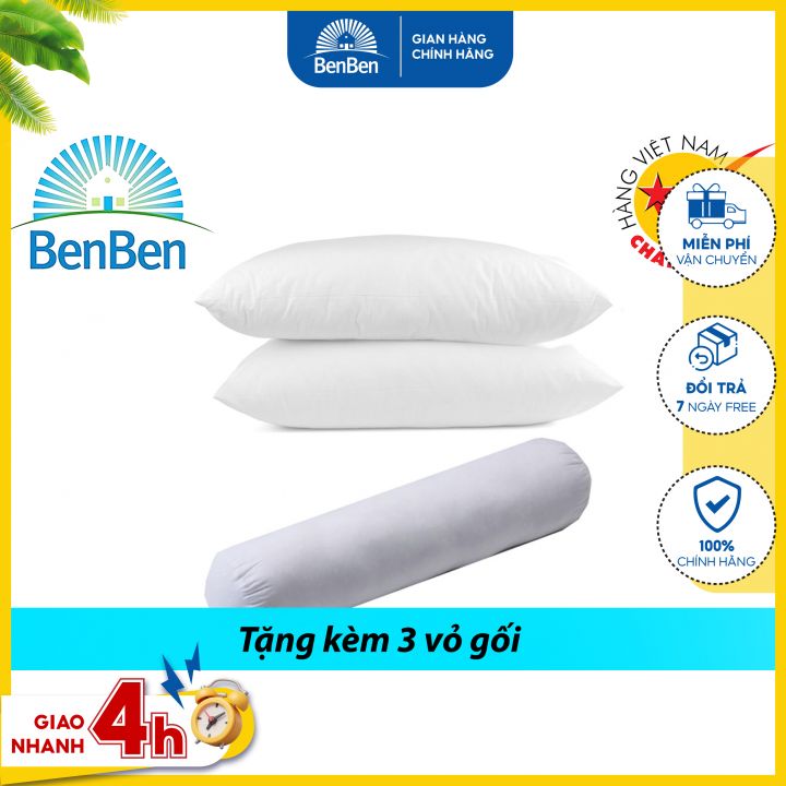 Bộ 2 ruột gối nằm size 50x70cm + 1 ruột gối ôm size 35x100cm tặng 3 vỏ gối - Ben Ben