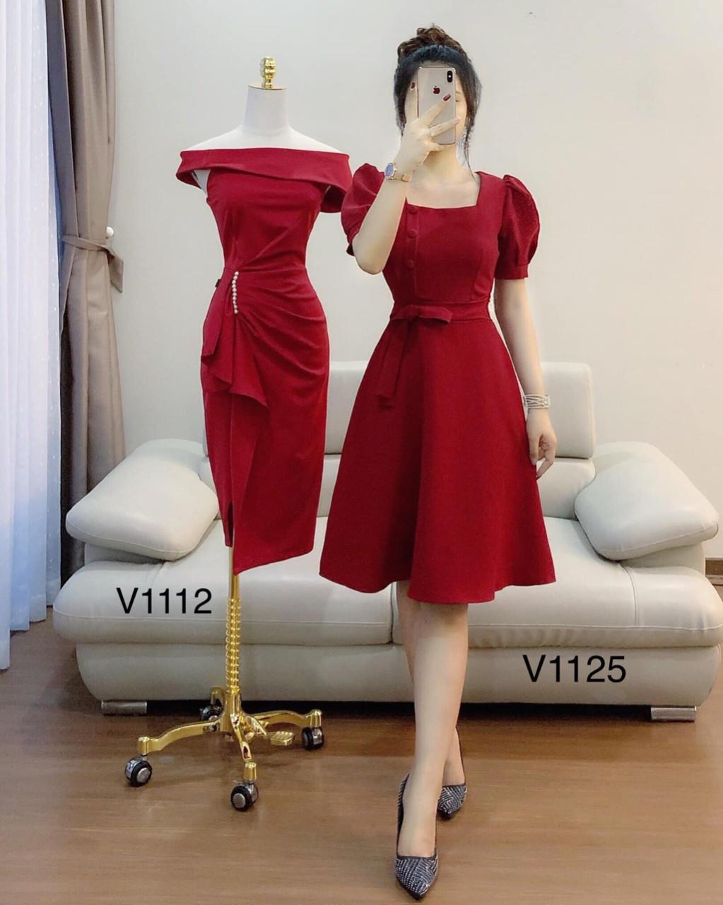 Đầm nữ thắt eo nút lệch cổ vuông tay phồng chất kate lụa vàng đỏ hồng