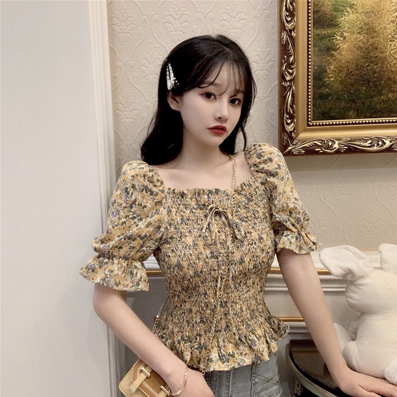 Áo voan hoa nhún dây nơ trước màu cổ điển TTSA0493