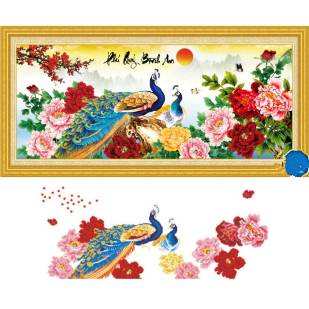 Tranh đính đá phú quý bình an kt 115x52 cm chưa đính/ tranh thêu chữ thập phú quý bình an kt 89x42 cm chưa thêu
