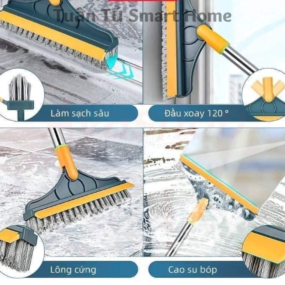 Chổi Chà Sàn Nhà Tắm Thông Minh Thiết Kế 2 Đầu Gạt Nước Và Đầu Chổi Xoay 120 Độ Cọ Sạch Khe Hẹp Và Góc Tường
