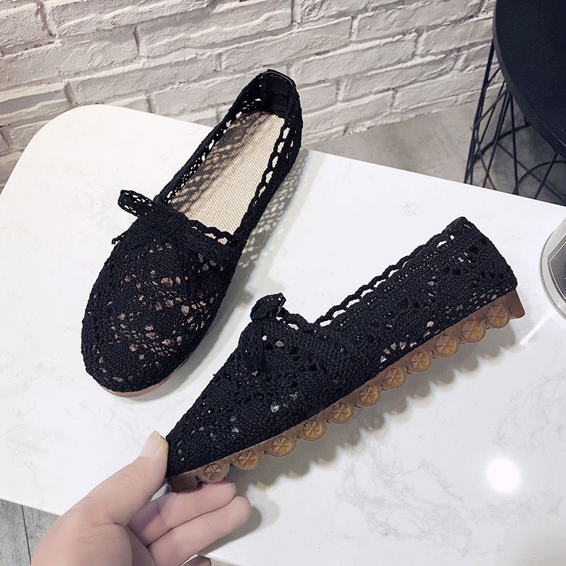 (Hàng Sẵn) Giày Búp Bê Ren Lưới Gắn Nơ Phong Cách Hàn