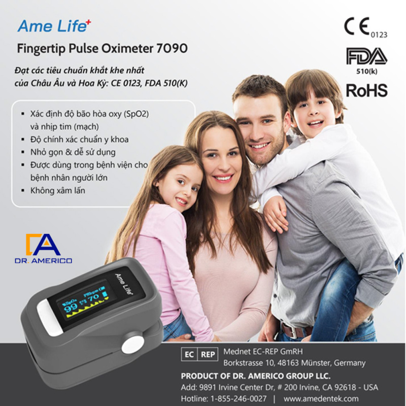 Máy đo nồng độ oxy và nhịp tim Ame Life+ Pulse Oximeter 7090 [Model: PO.7090 Product of DR. AMERICO GROUP LLC USA] cao cấp
