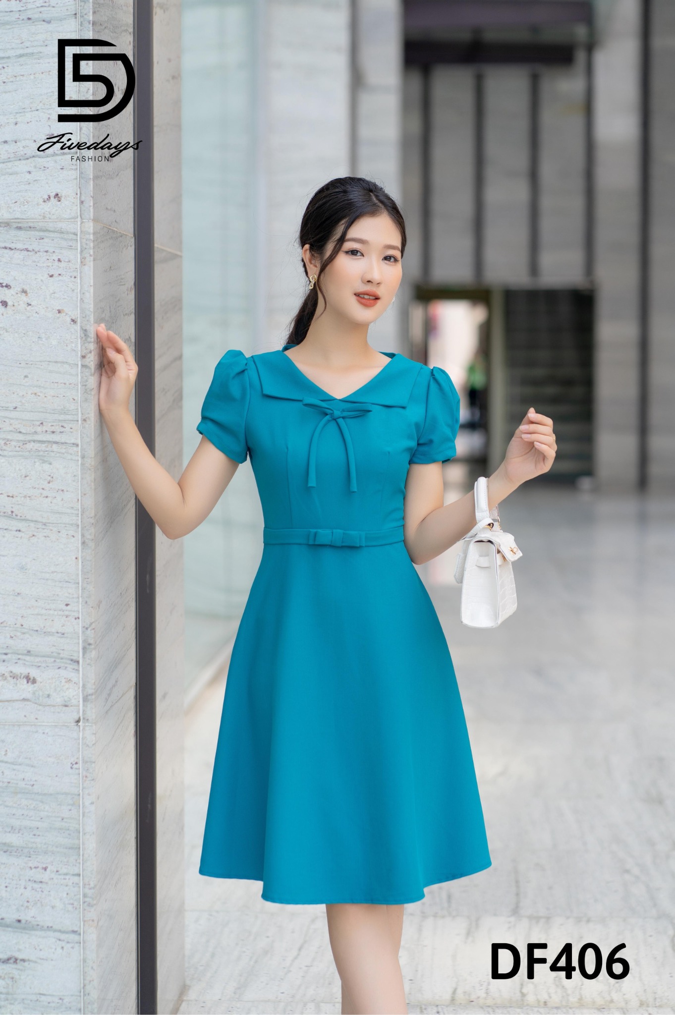 Fivedays - Đầm cổ sen V có nơ cổ và đai eo