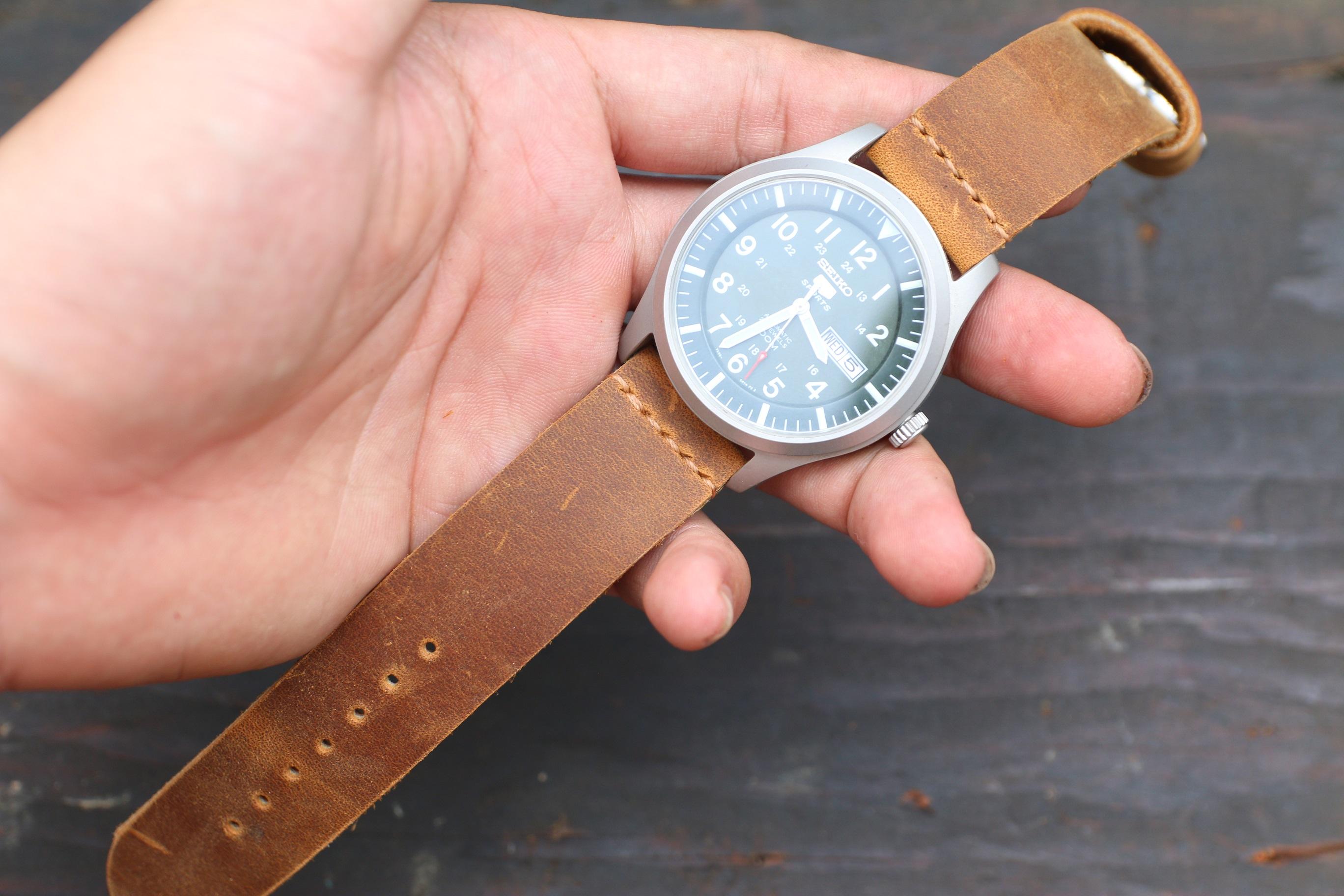 [HCM]Dây đồng hồ da bò sáp - Nâu vàng handmade