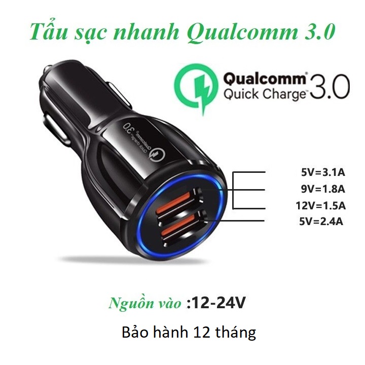 Tẩu sạc ô tô QC3.0 2 cổng USB 5V/3A sạc siêu nhanh LED viền tẩu sạc nhanh ô tô củ sạc nhanh dành cho ô tô,dock sac o to , cu sac nhanh 2 cong usb