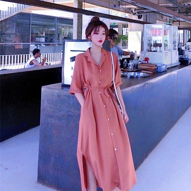 [HCM]Đầm sm hồng ruốc nút trắng