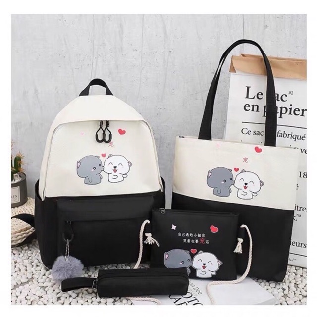 Combo 4món set balo thời trang vừa a4 kiểu mới hình hai chú chó balo túi tote hộp bút ví
