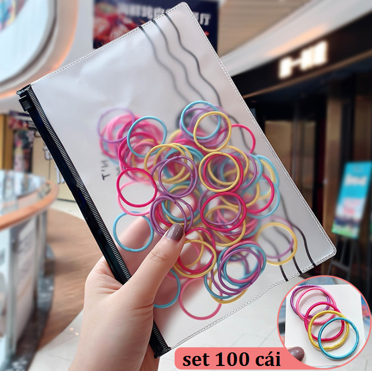 [HCM]Set 100 dây cột tóc trơn Mix 5 màu kèm túi zip