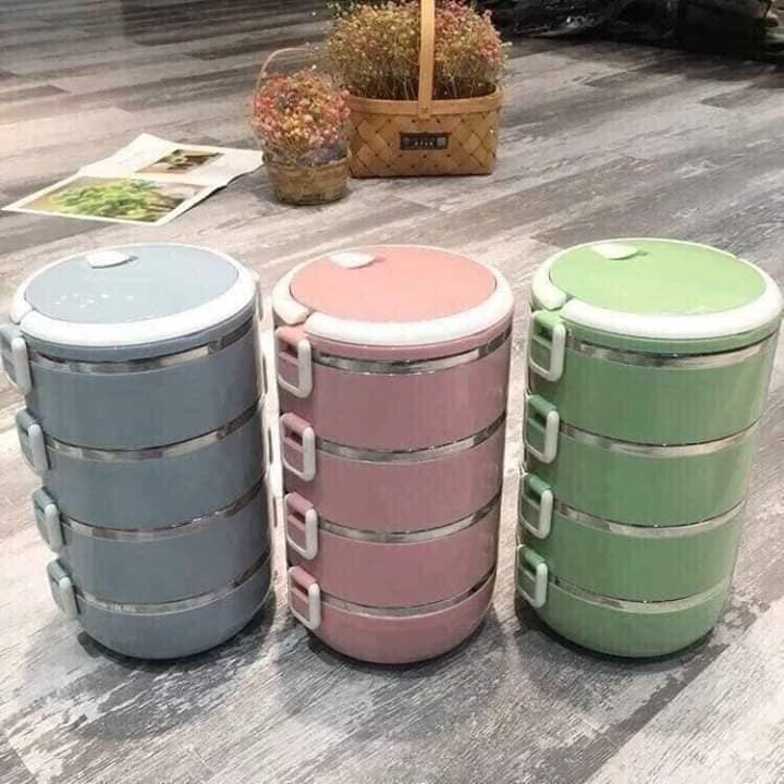 Cặp lồng giữ nhiệt từ 4 ngăn, hộp đựng cơm giữ nhiệt vỏ nhựa ruột INOX