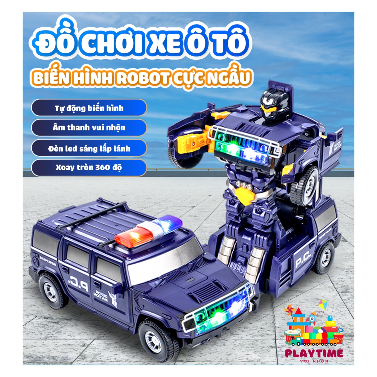 Đồ chơi Xe cảnh sát biến hình Robot siêu ngầu cho bé, có âm nhạc vui nhộn và đèn sáng.