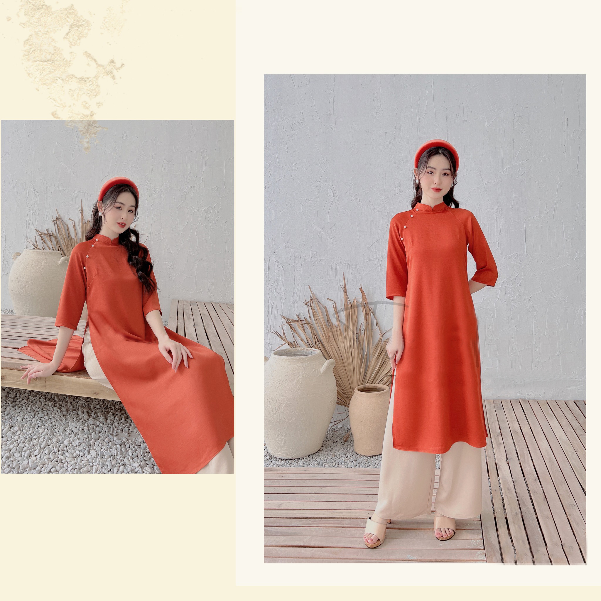 Áo dài cách tân nữ dáng suông trơn cổ trụ đính ngọc lụa trơn mát, Áo dài truyền thống nữ tay cách điệu may sẵn màu Đỏ Cam
