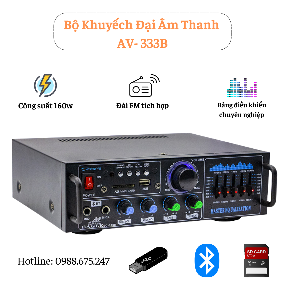 Bộ khuếch đại âm thanh nổi bluetooth av-016, công suất đầu ra 160w/ 220v. amply bluetooth hifi 2 mic 2 kênh.