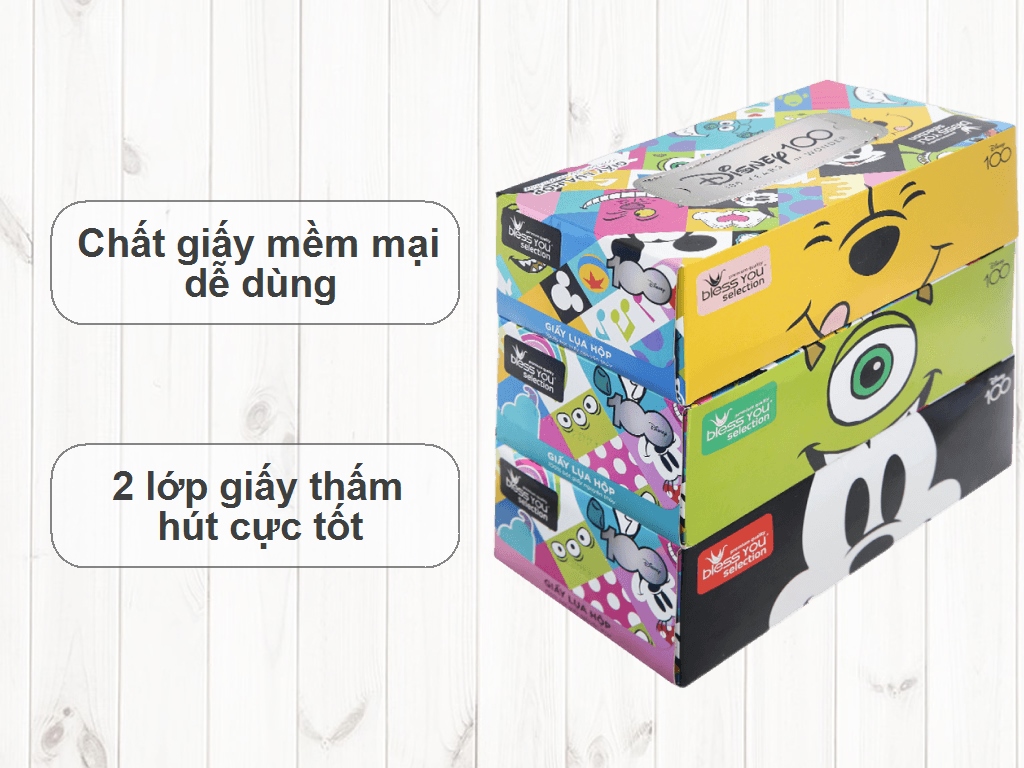 Lốc 3 hộp khăn giấy lụa Bless You Disney 2 lớp 100 tờ