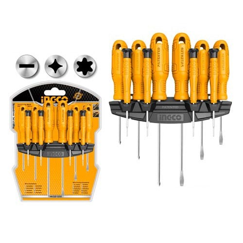 Bộ 10 tua vít dẹp, bake, sao và tua vít chính xác ingco hksd1058