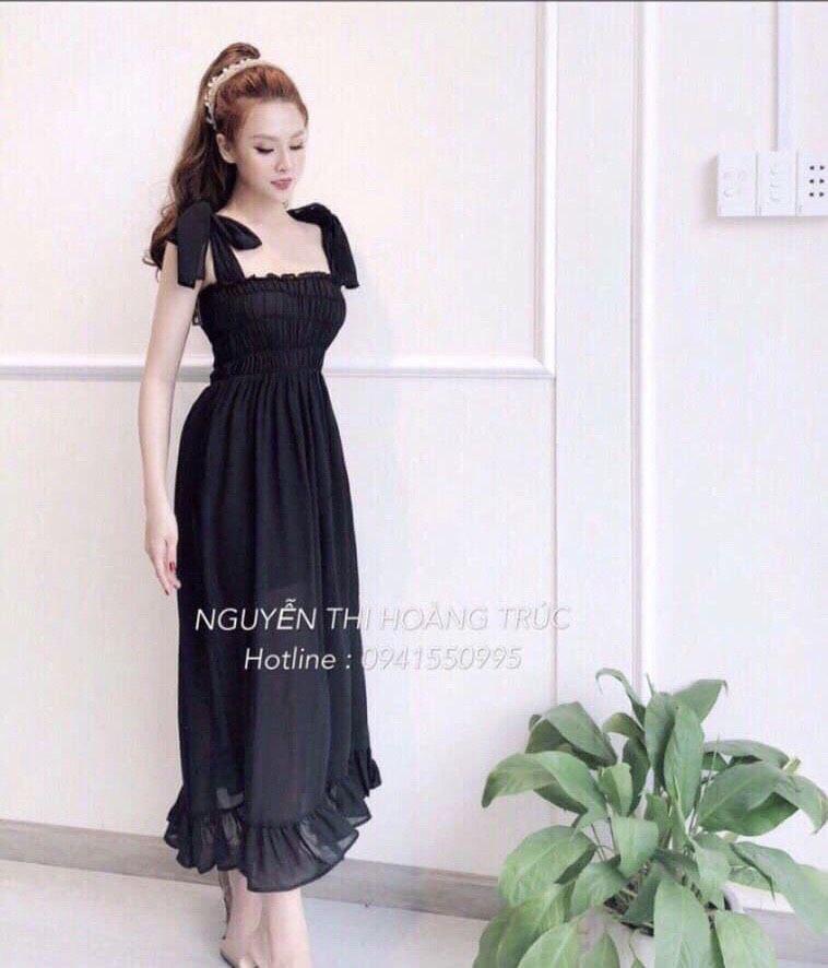 Đầm nhún cột nơ dịu dàng nữ tính 138-1 ( ĐEN )