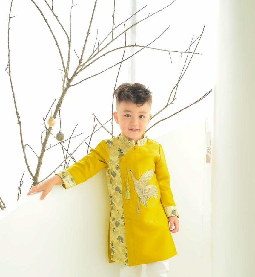 Áo dài cách tân bé trai 1-12 tuổi vải tafta hạc nhũ phú quý hàng thiết kế cao cấp