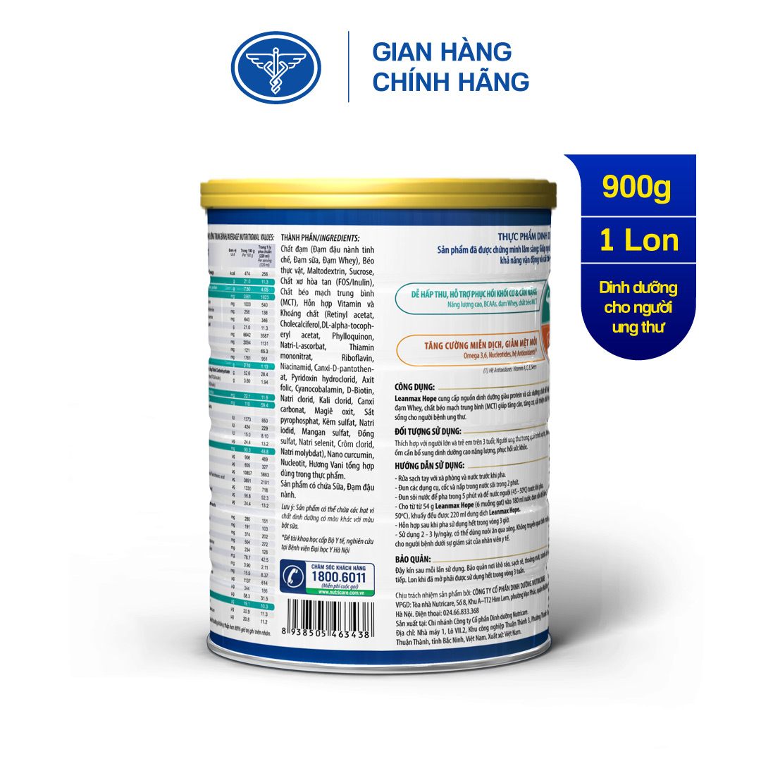 Lon sữa Leanmax Hope 900g - dinh dưỡng y học dành cho người ung thư