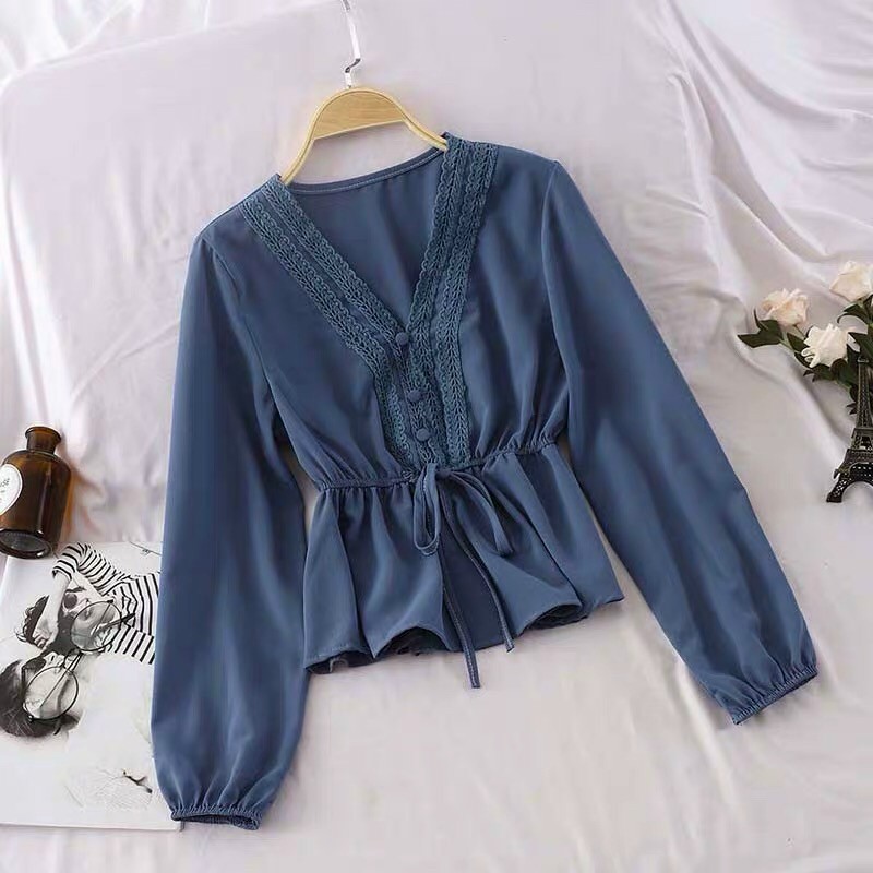 Áo Voan Kiểu Cổ V Phối Ren Đính Nút Tay Dài Cột Nơ Eo Dễ Thương TTSA0705 (TTS0030)