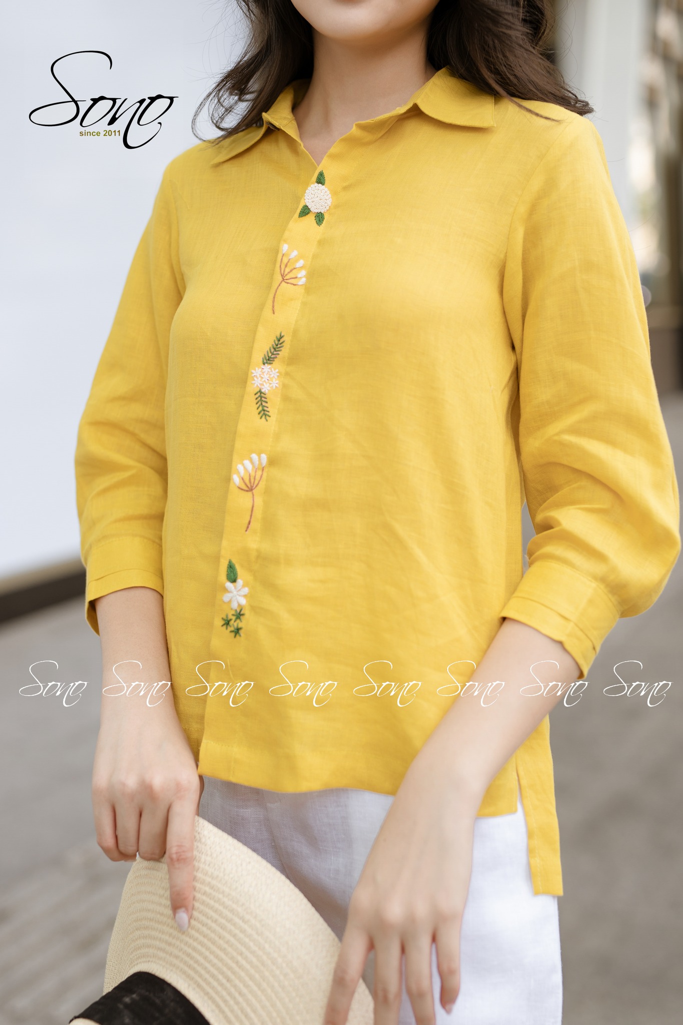 Sono - Áo Sơ Mi Linen Thêu Dọc