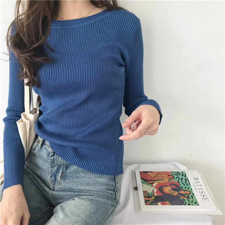 Áo Len Cổ Tròn Dài Tay Dệt Kim Màu Trơn Basic Dáng Ôm