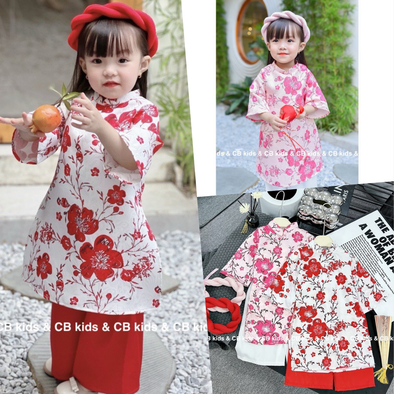 [8-30kg] Áo dài cách tân bé gái hoa mai,áo lụa quần lụa satin kèm mấn