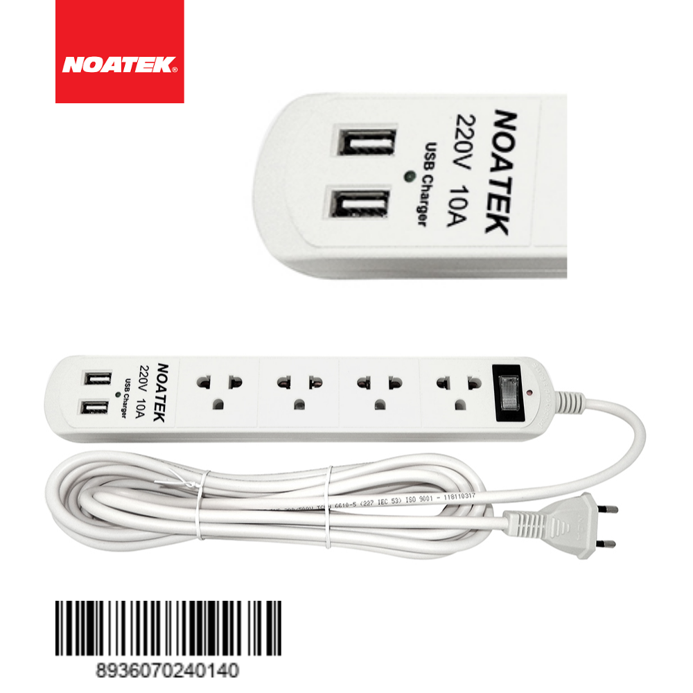 Ổ cắm điện NOATEK 4 lỗ, 2 cổng USB,dài 2M