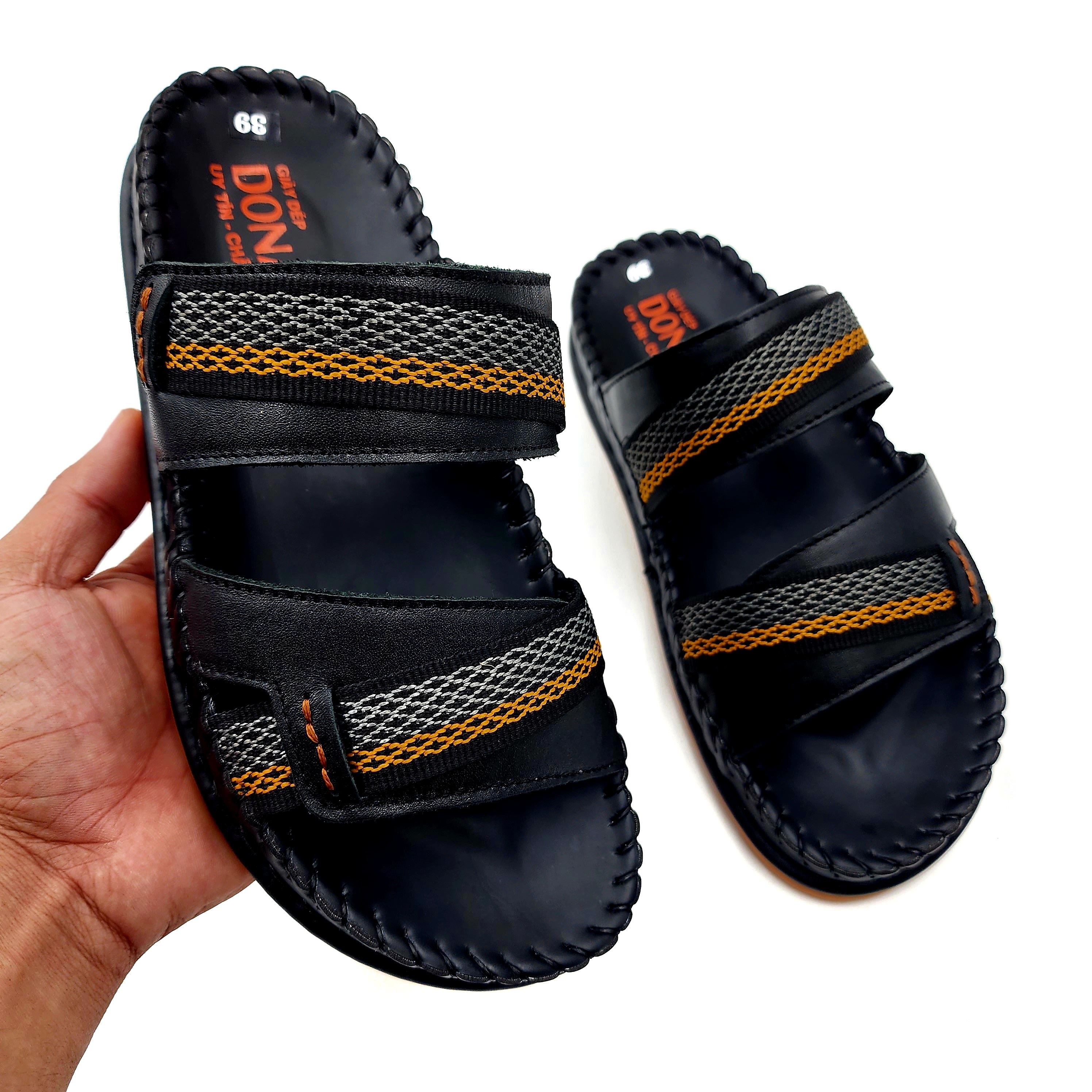 Dép Nam Da VYFASHION Cao Cấp, Kiểu  02 Quai Dù Thổ Cẩm Thời Thượng Có 3 Màu (Đen+Nâu+Bò) V.DLDU