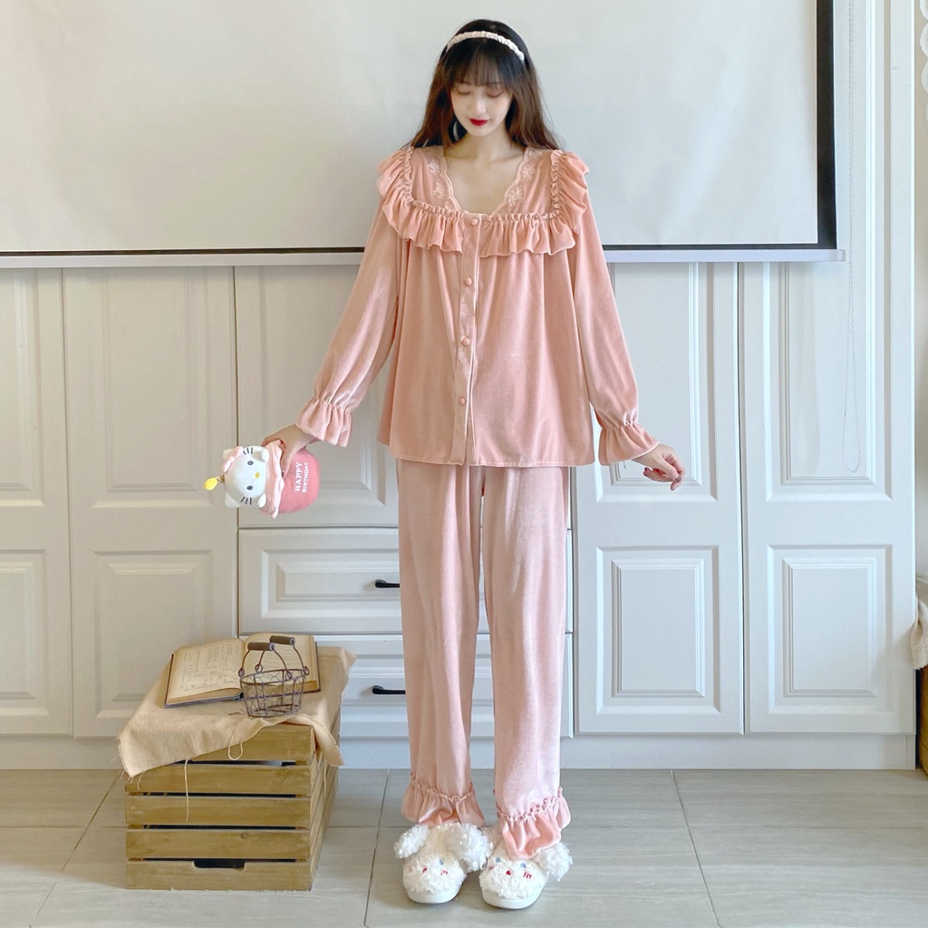 Set bộ nhung ấm cổ V phối ren quảng châu